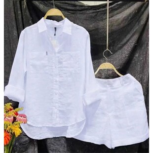 Fashion White Long Sleeve Shirt And Shorts Two Piece Sets Wo
