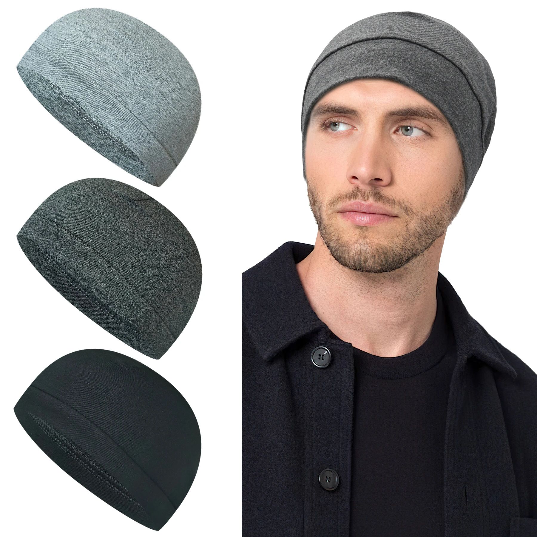 3-Pack Unisex Skull Caps: Cotton or 75% Nylon/25% Spandex Be