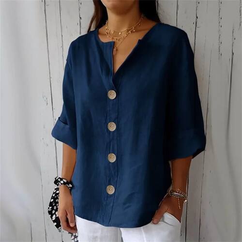 Summer Loose Shirt Women's V-Neck Cotton Linen Button Top Ca