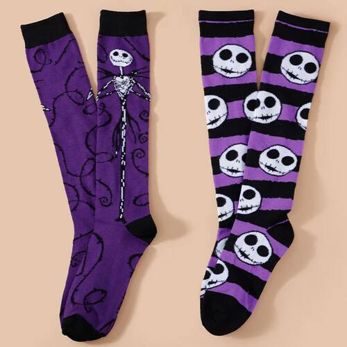 2 Pairs of Women's Halloween Knee High Socks With Cartoon Sk