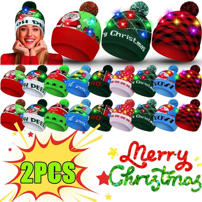 Newest 2/1PC LED Christmas Knitted Hat Light Up Xmas Beanie