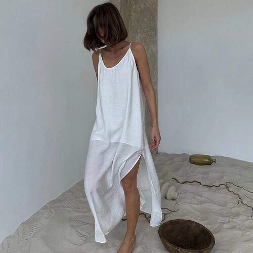 HiLoc Casual Loose White Long Dress Robe New Summer V Neck D