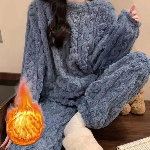 Women Coral Velvet Jacquard Pajama Set Soft Warm Winter Loun