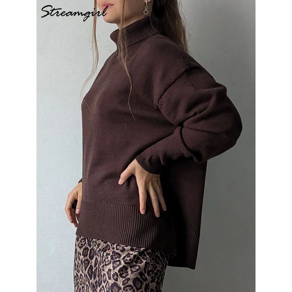 Oversized Winter Turtleneck Sweater Women Brown Pullovers Lo