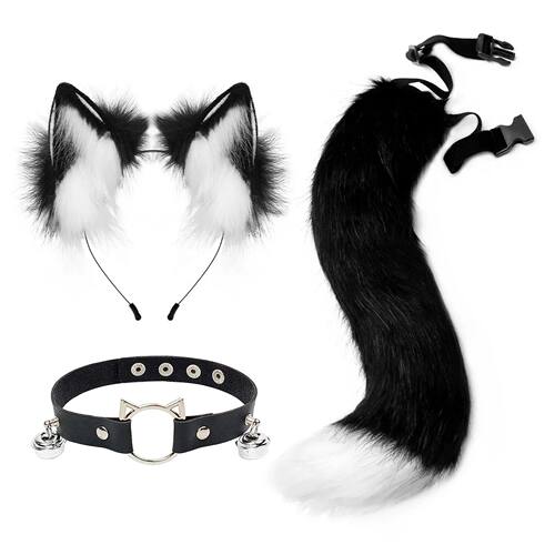 3pcs Faux Fur Cat Ears Headband Wolf Fox Animal Tail Set, Co