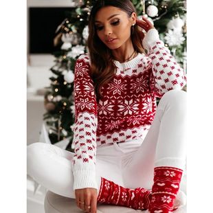 Women Sweater Christmas Snowflake Knitted Long Sleeve O Neck