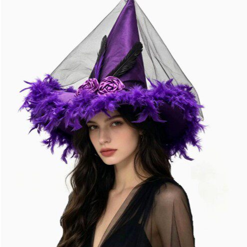 Halloween Witch Hat With Feather Trim, Black-and-purple Patc