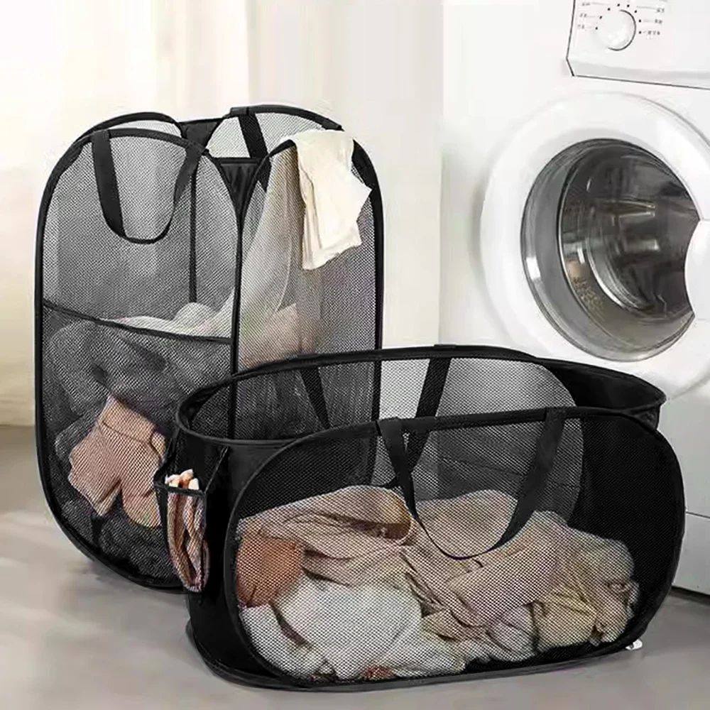1PC Horizontal Foldable Laundry Basket Mesh Cloth Breathable