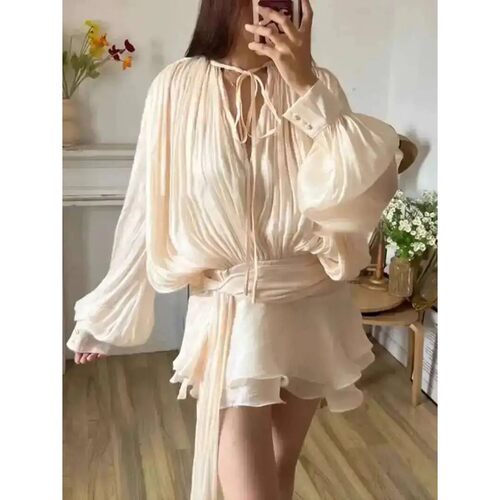 Beige Top Solid Blouse Mini Dresses For Women V Neck Long Sl