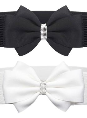 Women's Elastic Bow Belt Wide Rhinestone Stretch Belts Ladie