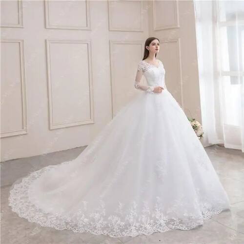Best Selling  Long Sleeve V Neck Lace Wedding Dress 2025 Vin