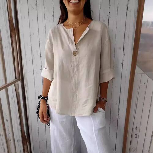 Spring Summer Women's Shirt Blouses Top V-neck Button Tee Sh