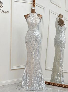 Sexy Silver mermaid evening dress robe de soiree femme vesti