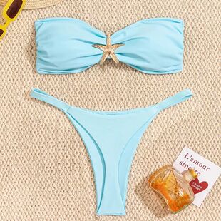 Sexy Bandeau Bikini Set 2026 Women Sky Blue Starfish Ornamen