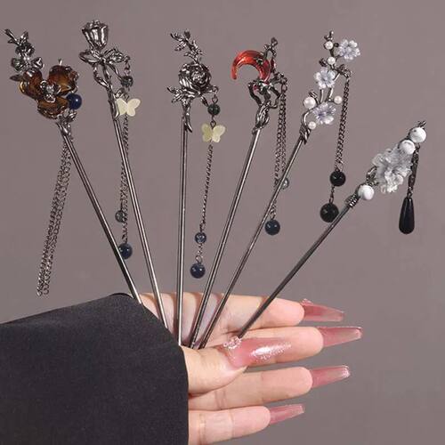 2026 Chinese Style Black Rose Flower Moon Tassel Hair Stick