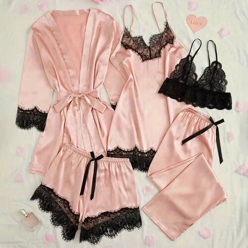Women's Satin Sleepwear Pajama Set Pink Sexy Lingerie Bath R