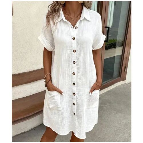 Summer Solid Simple Short Sleeve Shirt Dress Women's Turn-do