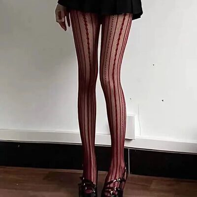 Sexy Stripes and Lace Fishnet Stockings Woman White Wine Red