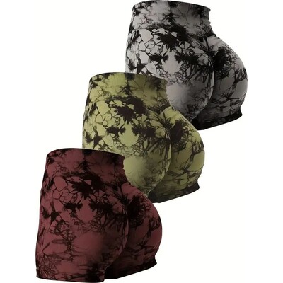 Women's 3-Piece Tie-Dye Hip Lift Yoga Shorts Exercise High-W