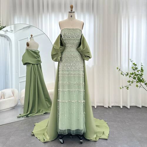 Sharon Said Dubai Sage Green Evening Dresses with Cape Blue