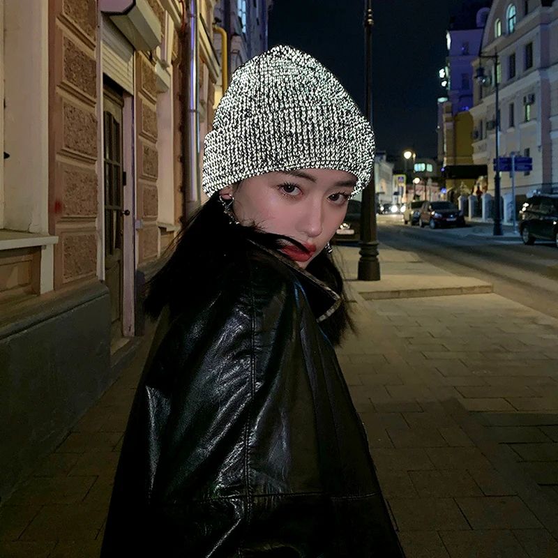 1pcReflective Knitted Hats For Men Women Autumn Winter Warm