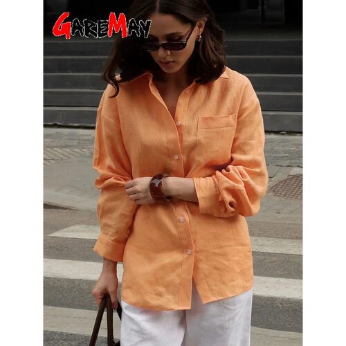 Spring White Women's Linen Shirt Long Sleeve Beautiful Blous