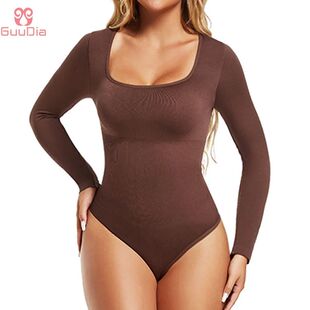 Open Crotch Big U Neck Seamless Bodysuit Long Sleeve Spandex