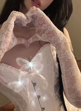 Mesh Fishnet Bowknot Long Gloves for Women Lace Ruffle Finge