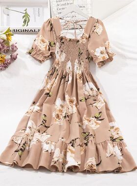Spring Summer Chiffon DressesFemale Elastic Waist Short Slee