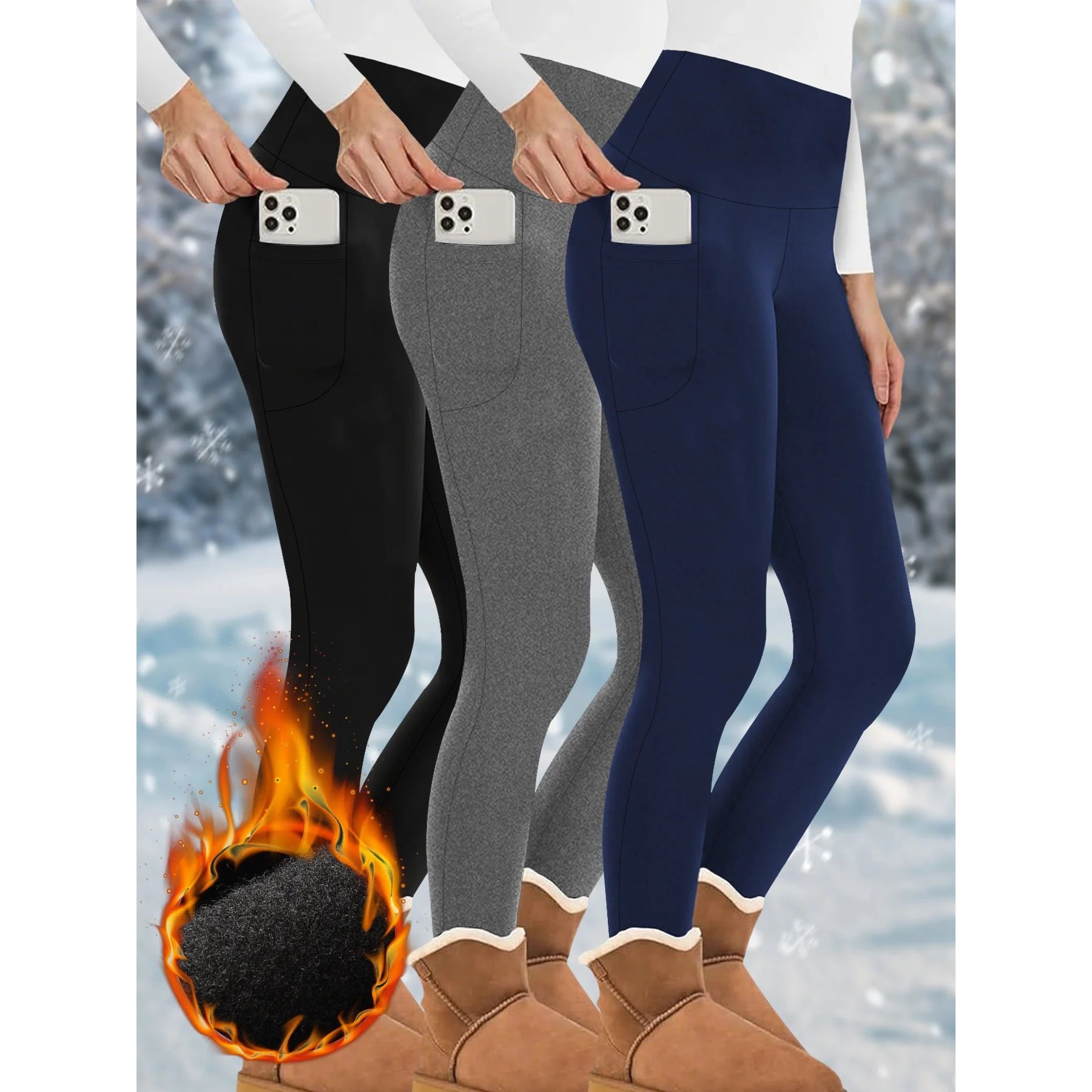 3 Pack Womens Thermal Fleece Lined High Waisted with pockets