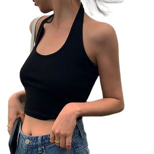 Black White Tank Cotton Halter Backless Tops Streetwear Sexy