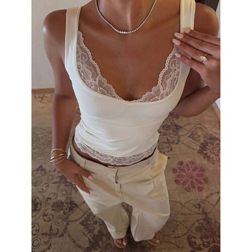 Dulzura Square Collar Backless Slim Lace Ruffles Patchwork T