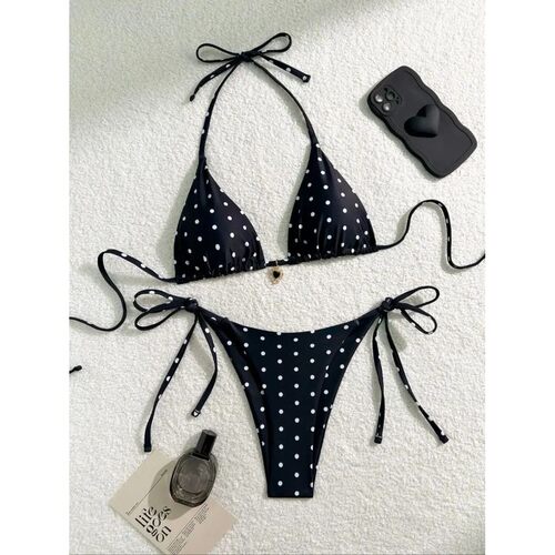 Sexy Bikini Set Black White Polka Dot 2 Piece Swimsuit for W