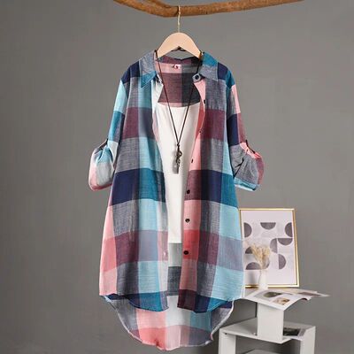 Women's Plaid Shirt Casual Blouses Woman Tops for Women Long