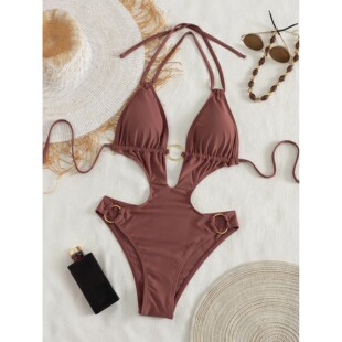 Women's Chocolate Brown Halter One-Piece Swimsuit Cutout Des