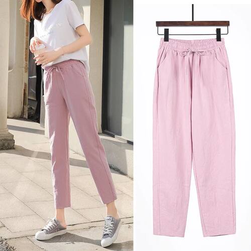 Womens Spring Summer Pants Cotton Solid Elastic waist Candy