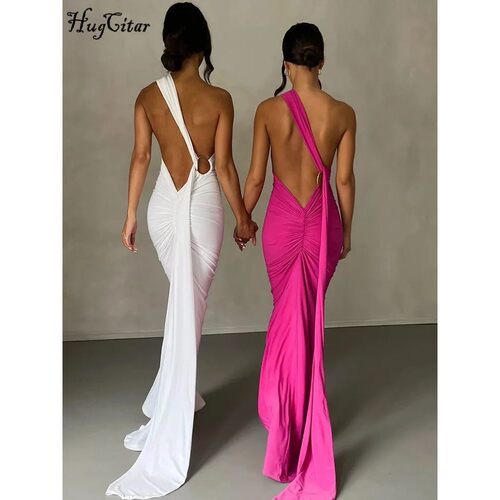 Hugcitar One Shoulder Backless Scarf Loop Ruched Sexy Maxi D