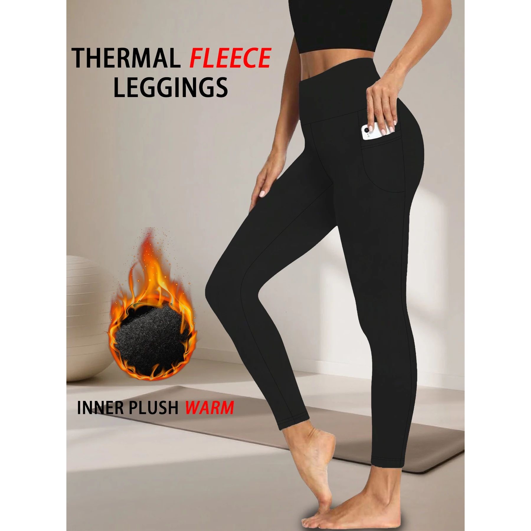 Womens Thermal Fleece Lined Leggings with pockets ,High Wais