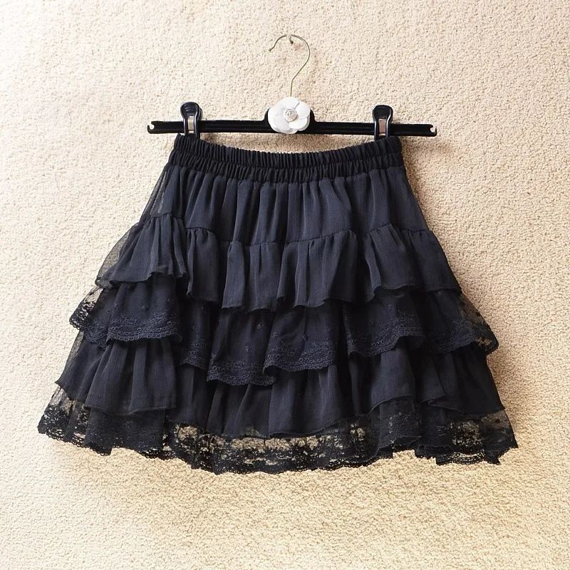 Elastic Gothic Lace Tutu Skirt Women Black Mesh Detail Petti