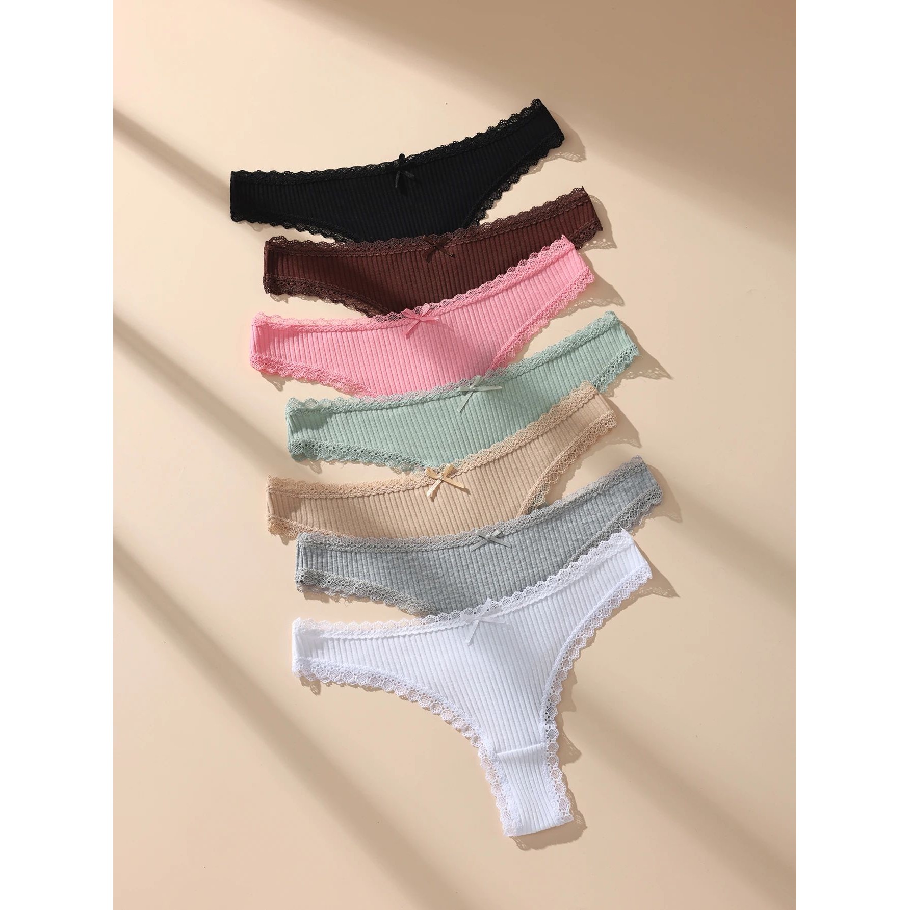 7Pcs/Set Women Thongs Panties Cotton Sexy Lace Underwear Tan图片