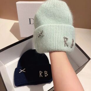Beanies Rabbit Women For Hats Letter Diamonds Fur Real 1PC