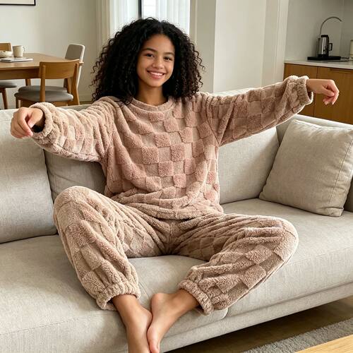 Autumn Winter Women Pajamas Set O-Neck Pullover Top Plaid Lo