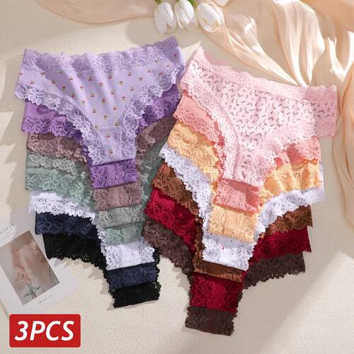 3Pcs Cotton Lace Patchwork Bikini Panties Women Seamless Flo
