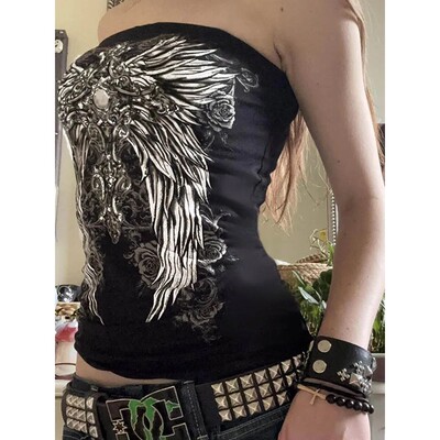Gothic Print Black Strapless Tube Top Women Skinny Cropped S