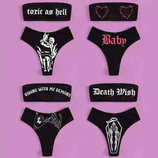 Gothic Bikini Women Skeleton Tube Top Bra Triangle Bottoms S