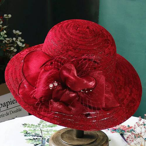 Sun hat for women in spring and summer, elegant mesh pearl f