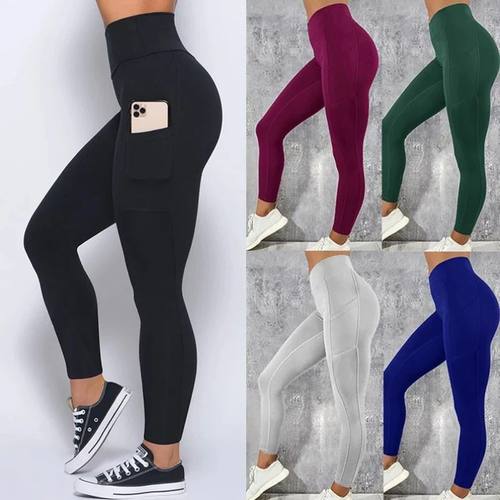 Plus Size Pocket Yoga Pants Women Solid Fitness Sports Leggi