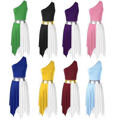 Womens Ballet Lyrical Dance Dress One Shoulder Patchwork Asy