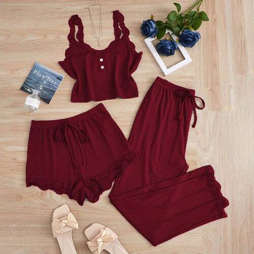 3PCS Pajamas Set for Women Sleepwear Solid Vest Shorts and P