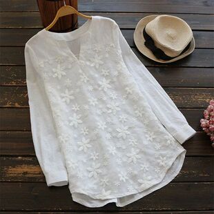 Embroidery Lace Cotton Linen Casual Women BlouseLoose White